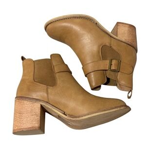 Boohoo Tan Ankle Boots Buckle Strap Block Heel Camel Booties Womens Size 6/39